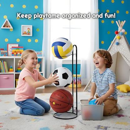 Tiita Basketball Ball Storage Rack, 3-Tier Garage Sport Equipment Organizer, Freestanding Ball Storage Holder Removable Vertical Display Stand for Volleyball, Soccer, Football & Basketball