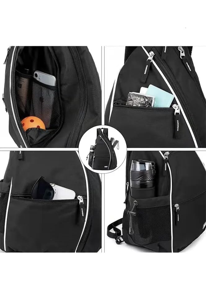 Personalized Pickleball Bag - Custom Paddle Backpack with Name or Logo, Crossbody Reversible Sling for Men & Women with Fence Hook and Water Bottle Holder - color: Black