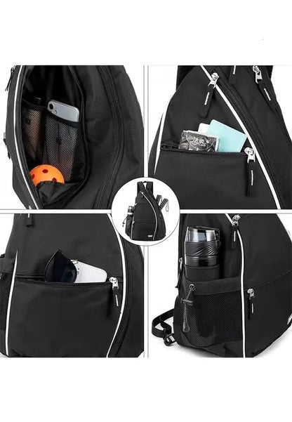 Personalized Pickleball Bag - Custom Paddle Backpack with Name or Logo, Crossbody Reversible Sling for Men & Women with Fence Hook and Water Bottle Holder - color: Black