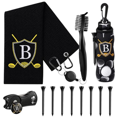 Liliful 12 Pcs Golf Accessories Kit, Include Golf Ball Bag with Hook Towel Tees Magnetic Ball Marker Divot Tool Cleaner Brush for Women Man Gifts(Initial B,Black)
