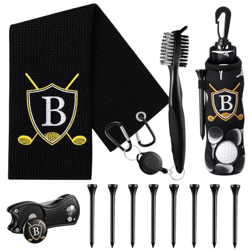 Liliful 12 Pcs Golf Accessories Kit, Include Golf Ball Bag with Hook Towel Tees Magnetic Ball Marker Divot Tool Cleaner Brush for Women Man Gifts(Initial B,Black)