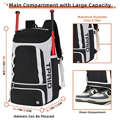 TPAID Baseball Backpack Large Capacity Softball Bag with Shoes Compartment and Fence Hook, Lightweight Baseball Equipment Bag Holds Bats, Helmets, Gloves, Hats, Clothes, Shoes - color: Black-A, size: 2 Bat Baseball