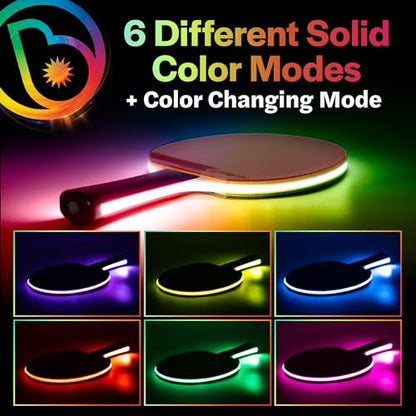 Brightz PaddleBrightz LED Ping Pong Paddle - Electrifies Your Matches! - 6 Solid Color + Color Changing Modes - Premium Sponge & Rubber for Ultimate Control & Spin - Flared Handle for Improved Grip