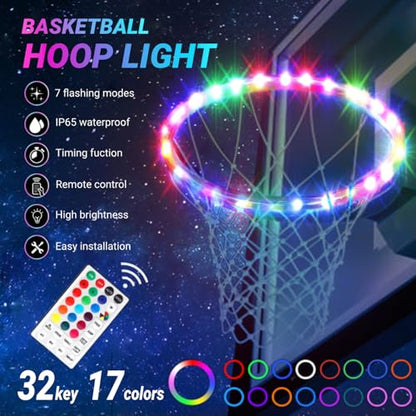 LED Basketball Hoop Light, RGB Remote Control Basketball Rim Lights Accessories, Waterproof Super Bright LED Light to Play Outdoor at Night Training for Outdoor Gifts