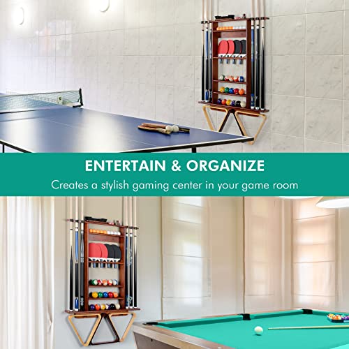 XCSOURCE Pool Cue Rack, 2-in-1 Pool Stick & Ping Pong Paddle Holder, 100% Solid Pine Wood Wall Mount Holds Billiards and Table Tennis Accessories for Man Cave, Billiard Room, Game Room - color: 2-IN-1 Cherry