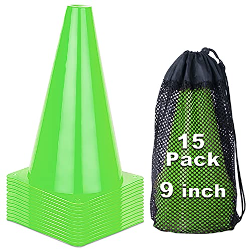 9 Inch Cones Sports, 15 Pack Orange Soccer Cones Training Agility Field Marker Plastic Traffic Cones for Football Basketball Drills Multipurpose Practice, Indoor Outdoor Games Activity Party Events - color: Green, 9 Inch - Set of 15