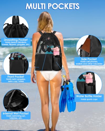 BROTOU Swim Bag Beach Backpack with Wet Pocket Mesh Drawstring Bags for Swimming, Gym - color: Black