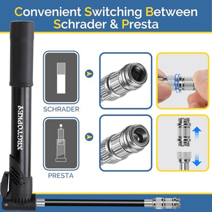 Bike Pump, Mini Bicycle Pump 100 PSI with Dual Valve Schrader Presta, Portable Bike Tire Inflator with Extension Hose & Mounting Bracket for Road Bike, Mountain Bike, Ball and Sports Equipment