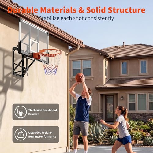 54 Inch Wall Mounted Basketball Hoop, 8-10 FT Adjustable Height Shatterproof PC Backboard Basketball Goal with 18 Inch Solid Rim for Indoor & Outdoor Use, Home, Gym, Backyard