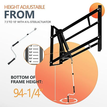 Basketball Hoop Garage Wall Mounted Adjustable-Height, with 60''x36''Tempered Glass Backboard, Pro-Style Breakaway Rim, Durable Bracket and All Weather Net