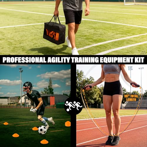 Soccer Agility Training Equipment Set, 20ft Speed Ladder, 12 Soccer Cones, 4 Hurdles, Running Parachute, Jump Rope, Basketball Football Soccer Training Equipment