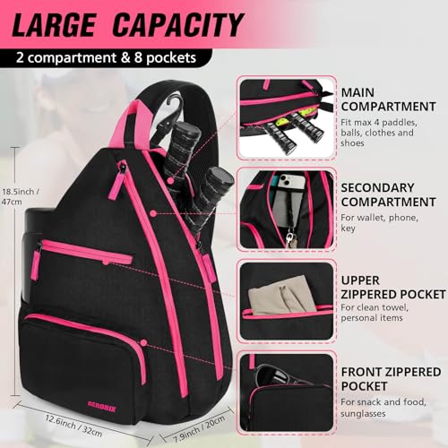 AEROBIX Pickleball Bag for Women & Men, Pickle Ball Backpack - Upgraded Zippers, Large Capacity, Padded Paddle Pocket, Adjustable Sling Bag (No Accessories) - color: PINK