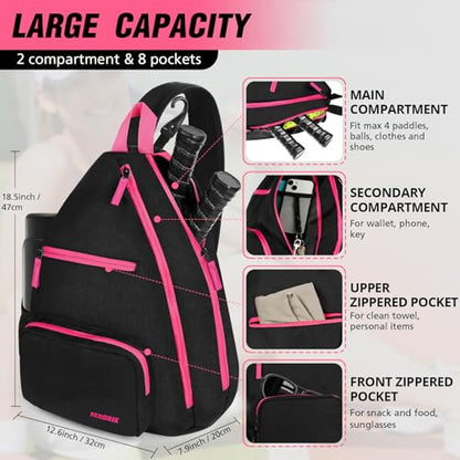 AEROBIX Pickleball Bag for Women & Men, Pickle Ball Backpack - Upgraded Zippers, Large Capacity, Padded Paddle Pocket, Adjustable Sling Bag (No Accessories) - color: PINK