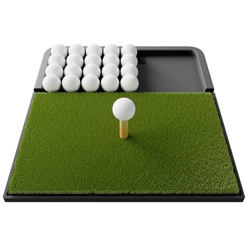 Integrated Golf Mat with Ball Tray, Small Thickening Golf Mats Practice Outdoor & Indoor, Artificial Grass with Anti-Slip Rubber Bottom Mat for Driving, Chipping Swing