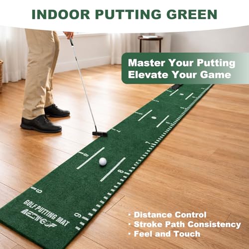Golf Putting Mat Set with Putting Green & 4 Golf Balls – 9.8 ft Training Aid Mat with Ball Return for Indoor & Backyard Practice – Great Gift for Golfers and Beginners