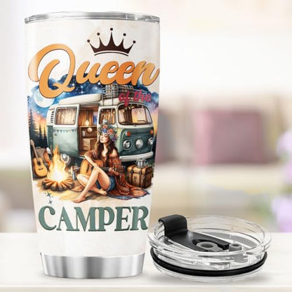 Queen of the Camper Gift 20oz Stainless Steel Tumbler, Insulated Coffee Travel Mug with Girl and Van Artwork, Camper Themed Outdoor Adventure Cup for Women, Camping Enthusiasts - color: Camping Lover