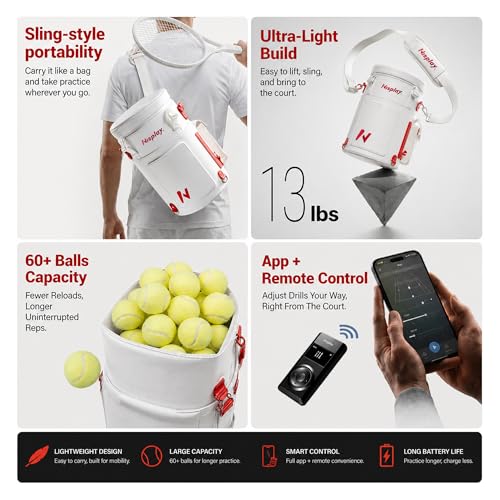 L1 Tennis Ball Machine, Ultra Light 6KG Backpack Design, Dual Control via APP & Remote, up to 50 Balls Capacity, 2–3 Hours Battery Life,Adjustable Speeds & Oscillating - color: white
