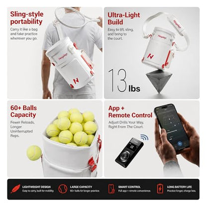 L1 Tennis Ball Machine, Ultra Light 6KG Backpack Design, Dual Control via APP & Remote, up to 50 Balls Capacity, 2–3 Hours Battery Life,Adjustable Speeds & Oscillating - color: white