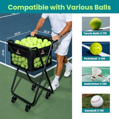 Tennis & Pickleball Cart - 140 Ball Capacity Hopper with Quick-Detach Bag, 4 Smooth Swivel Wheels & Foldable Frame for Easy Court Transport and Compact Storage