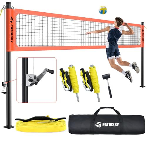 Professional Heavy Duty Volleyball Net Set for Backyard & Beach, Outdoor Net System with Steel Anti-Sag Winch, 32FT Reinforced Net, Height Adjustable Rust-Resistant Aluminum Poles, Portable Carry Bag - color: G-Bright Orange