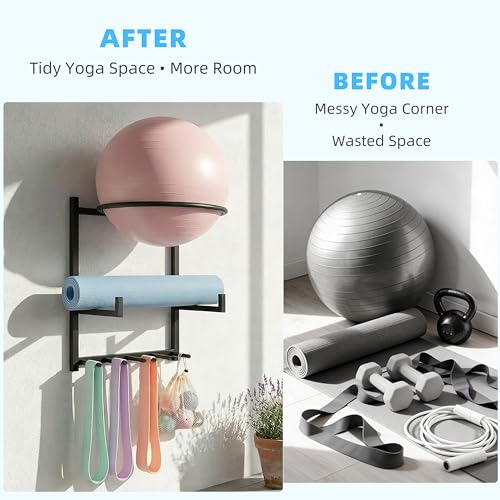 Wall Mounted Yoga Ball and Mat Holder, Space-Saving Home Gym Organizer and Storage Rack Fits 55-75cm Stability Ball with 5 Hooks for Resistance Bands and Equipment