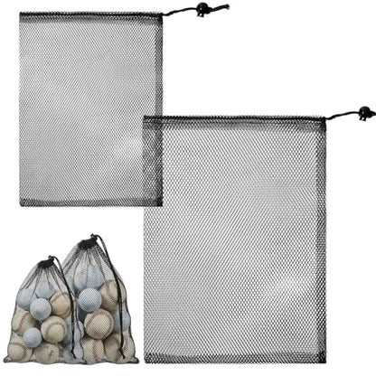 2 Pack Golf Ball Bag Nylon Mesh Bags Drawstring Golf Ball Storage, Sports Equipment Organizer for Gym, Beach, Travel, Laundry, 2 Sizes, Black