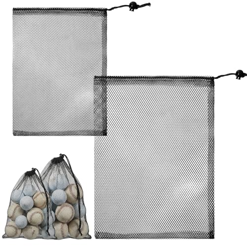 2 Pack Golf Ball Bag Nylon Mesh Bags Drawstring Golf Ball Storage, Sports Equipment Organizer for Gym, Beach, Travel, Laundry, 2 Sizes, Black