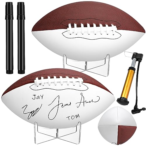 Liliful 2 Pcs Autograph Football Basketball Blank Official Size with 2 Stand 2 Signature Pen 1 Pump for Fantasy Trophy Anniversary Birthday Graduation - size: Size 9, style: 3 Sides White Football