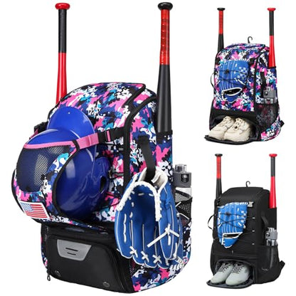 Softball Bag,Softball Bat Bag For Youth Adults,Baseball Bag with Fence Hook for TBall Bat & Equipment,Lightweight Baseball Bat Backpack with Shoe Compartment,Large Main Compartment for Helmet - color: Pink Camouflage