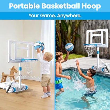 BACKYARD BLITZ Pool Basketball Hoop, 32in Portable Swimming Basketball Hoop for Pool, Stainless Steel Rust-Proof Basketball Goal Set Outdoor/Indoor