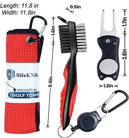 Golf Towel Pack - 3 Microfiber Waffle Pattern Golf Towels Including Golf Club Brush and Groove Cleaner Divot Repair Tool - color: Red