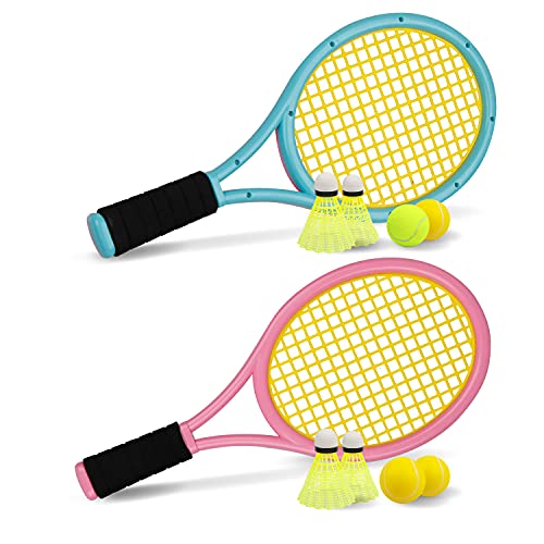Tennis Racket Set for Children,17 Inch Racquet with 1 Tennis Balls,4 Badminton Shuttlecocks and 3 Soft Balls for Toddler Indoor/Outdoor Sports - color: Pink&Blue