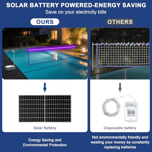 Pool Volleyball Net Set with Bright LED Lights, Solar Volleyball Net with 15-32FT Adjustable Length for Inground Pools, Water Volleyball Net with 2 Balls & Pump for Swimming Pool Party & Games