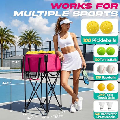 Pickleball Cart With Wheels, Foldable Tennis Ball Hopper Basket, Lightweight Ball Caddy With Zippered Mesh Lid, Portable Sports Ball Storage For Outdoor Court, Home Training, Kids Youth Adults