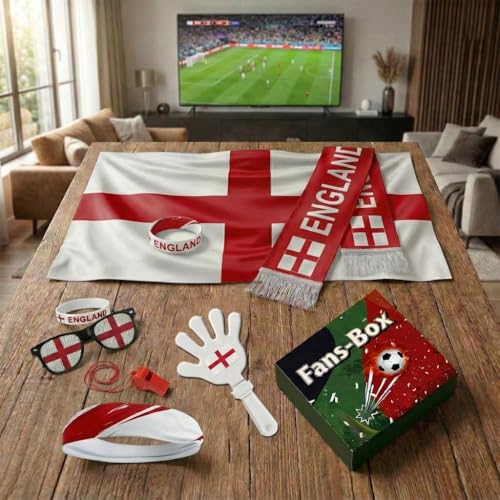 Soccer Fan Gear Set 2026-7 Piece Game Day Kit with Flag, Scarf, Glasses, Whistle, Clapper, Wristband & Headband in Gift Box - Watch Party & Stadium Essentials for England - color: England