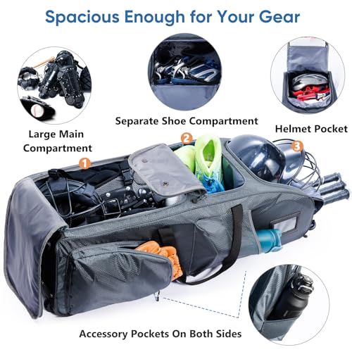 Rolling Baseball Bat Bag with Wheels, Large Capacity Gear Bag Holds 4 Bats, Reinforced Hard Base & Structured Back Panel, Top & Bottom Grab Handles, Shoe & Helmet Compartments for Youth &Adult Players - color: Grey