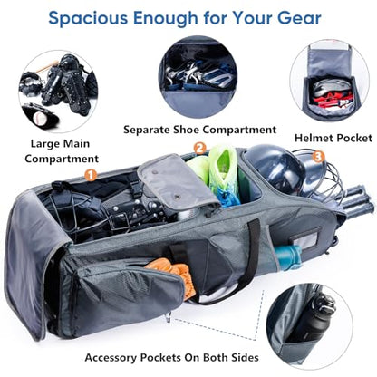 Rolling Baseball Bat Bag with Wheels, Large Capacity Gear Bag Holds 4 Bats, Reinforced Hard Base & Structured Back Panel, Top & Bottom Grab Handles, Shoe & Helmet Compartments for Youth &Adult Players - color: Grey
