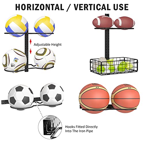 8 Tier Detachable Wall Mounted Basketball Rack,Vertical/Horizontal Football Holder,Holds 14 Balls DIY1/2/3/4 Soccer Stand,Height-Adjustable Ball Rack with Basket for Garage,Tool Room