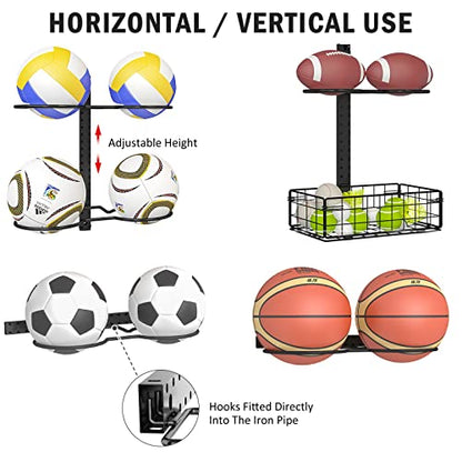 8 Tier Detachable Wall Mounted Basketball Rack,Vertical/Horizontal Football Holder,Holds 14 Balls DIY1/2/3/4 Soccer Stand,Height-Adjustable Ball Rack with Basket for Garage,Tool Room