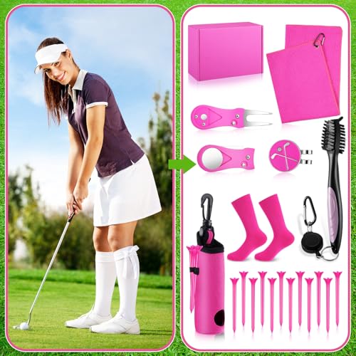 VioraWhite 16 Pcs Pink Golf Accessories Kit for Women Include Golf Towel with Clip, Hat Clip, Balls Holder, Club Cleaner Brush, Divot Repair, 10 Plastic Tees, Pink Socks Gift Set