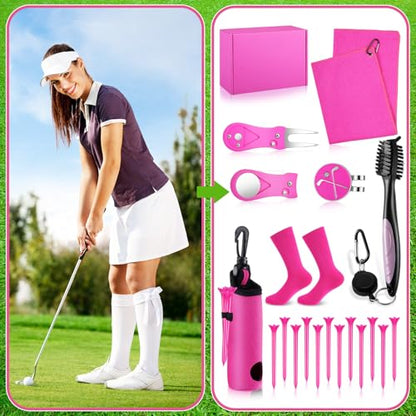 VioraWhite 16 Pcs Pink Golf Accessories Kit for Women Include Golf Towel with Clip, Hat Clip, Balls Holder, Club Cleaner Brush, Divot Repair, 10 Plastic Tees, Pink Socks Gift Set