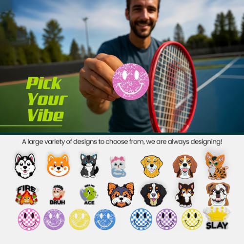 Tennis Racket Dampener - Glitter Smiley Face Designs - Vibration & Noise-Reducing Tennis Shock Absorber for Racquets - Secure, Easy-Install Accessories for Players of All Levels - style: Pink