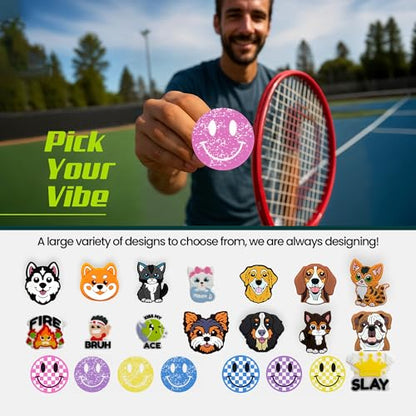 Tennis Racket Dampener - Glitter Smiley Face Designs - Vibration & Noise-Reducing Tennis Shock Absorber for Racquets - Secure, Easy-Install Accessories for Players of All Levels - style: Pink