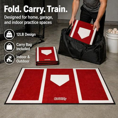 Baseball & Softball Hitting Mat - 6x4ft Anti-Slip Rubber Base, Home Plate with Batters Box, Foldable 12LB Design - Indoor/Outdoor Training for Left/Right Hitters, with Carry Bag