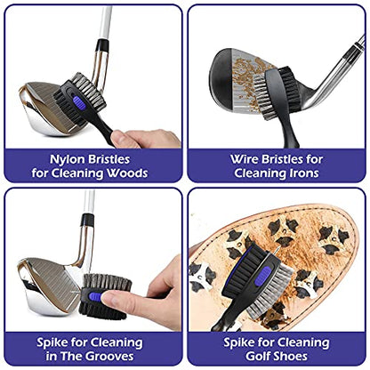 THIODOON 2 Pack Golf Club Brushes and Groove Cleaner 2 ft Retractable Zipline Carabiner Golf Brush Head with Retractable Spike Comfortable Grip Golf Club Cleaner - color: 2pcs Black & Blue