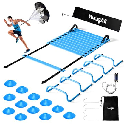 Yes4All Agility Ladder Speed Training Equipment Set - 1 Adjustable Agility Ladder, 12 Soccer Cones, 5 Hurdles, Jump Rope, Running Parachute - Speed & Agility Training Equipment for All Ages - color: C. Set Blue with Jump Rope