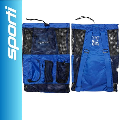Sporti Swimming Equipment Bag Zipper Pocket, Mesh Drawstring Backpack, Drawstring Bags, Big Mesh Backpack for Workout Gear - color: Equipment - Royal Blue, style: 4. Two Shoulders & Pockets