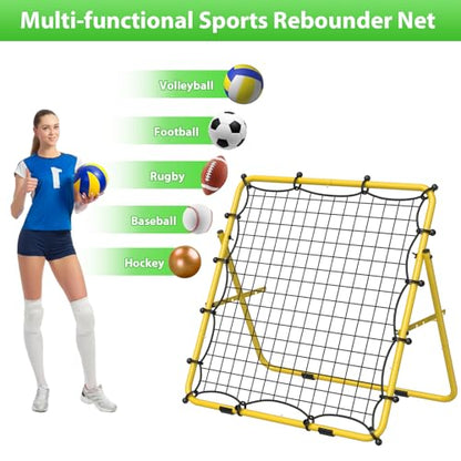 Baseball Rebounder Net, Metal Frame & High-Tension PE Net, Lacrosse Bounce Back PracticeTraining Equipment, Adjustable Softball Pitchback Net, Perfect for Improving Balls Training Skills - color: Yellow