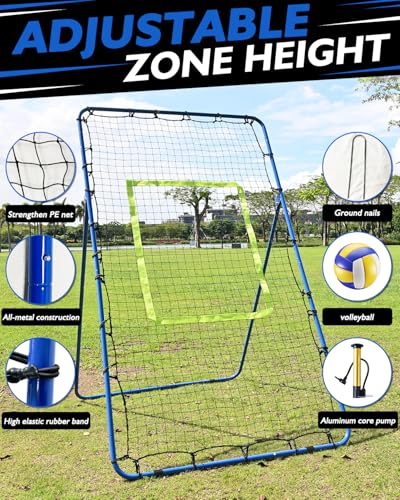 7x4FT Volleyball Rebounder Net Set with Training Accessories, Portable Bounce Back with 5 Adjustable Angles for Practice Volleying, Bumping, Spiking - Easy Set Up with Volleyball and Travel Bag - color: Blue