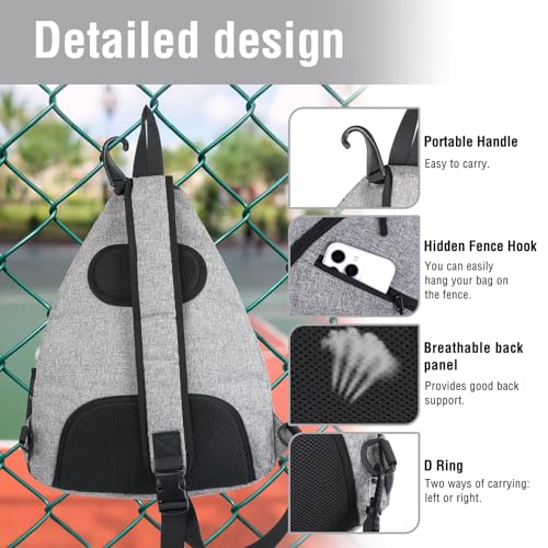 MOSISO Pickleball Bag for Women Men, Pickleball Backpack Sports Pickle Ball Paddle Daypack with 3 Front Pockets, Crossbody Sling Bag for Paddle Tennis Racket, Gray
